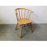 A GOOD QUALITY BEECHWOOD CHAIR WITH STICK BACK AND CARVED BACK COMPLETE WITH CUSHION AND MATCHING