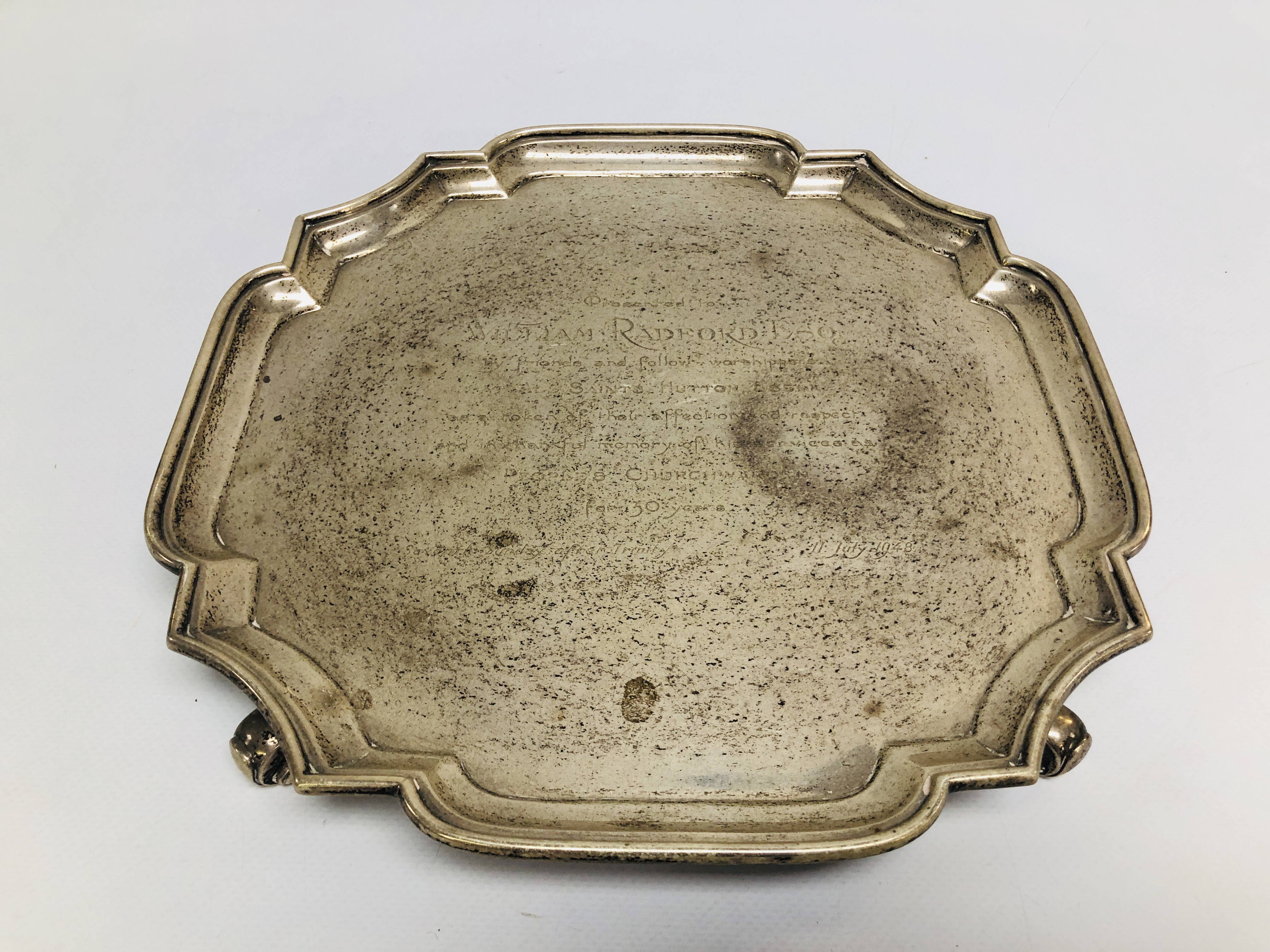 A SILVER PRESENTATION SALVER INSCRIBED 'PRESENTED TO WILLIAM RADFORD...' DATED 1948, LONDON ASSAY. - Image 2 of 10