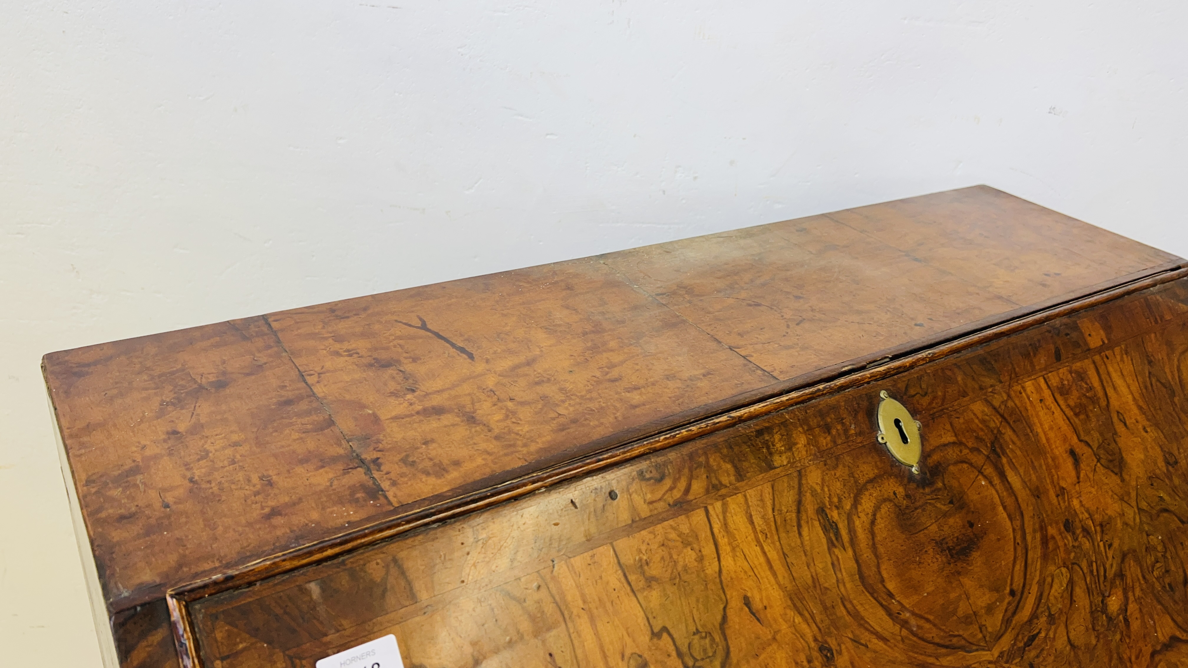 A GEORGE II FIGURED WALNUT BUREAU, THE FALLING FRONT ENCLOSING FITTED INTERIOR, - Image 4 of 17