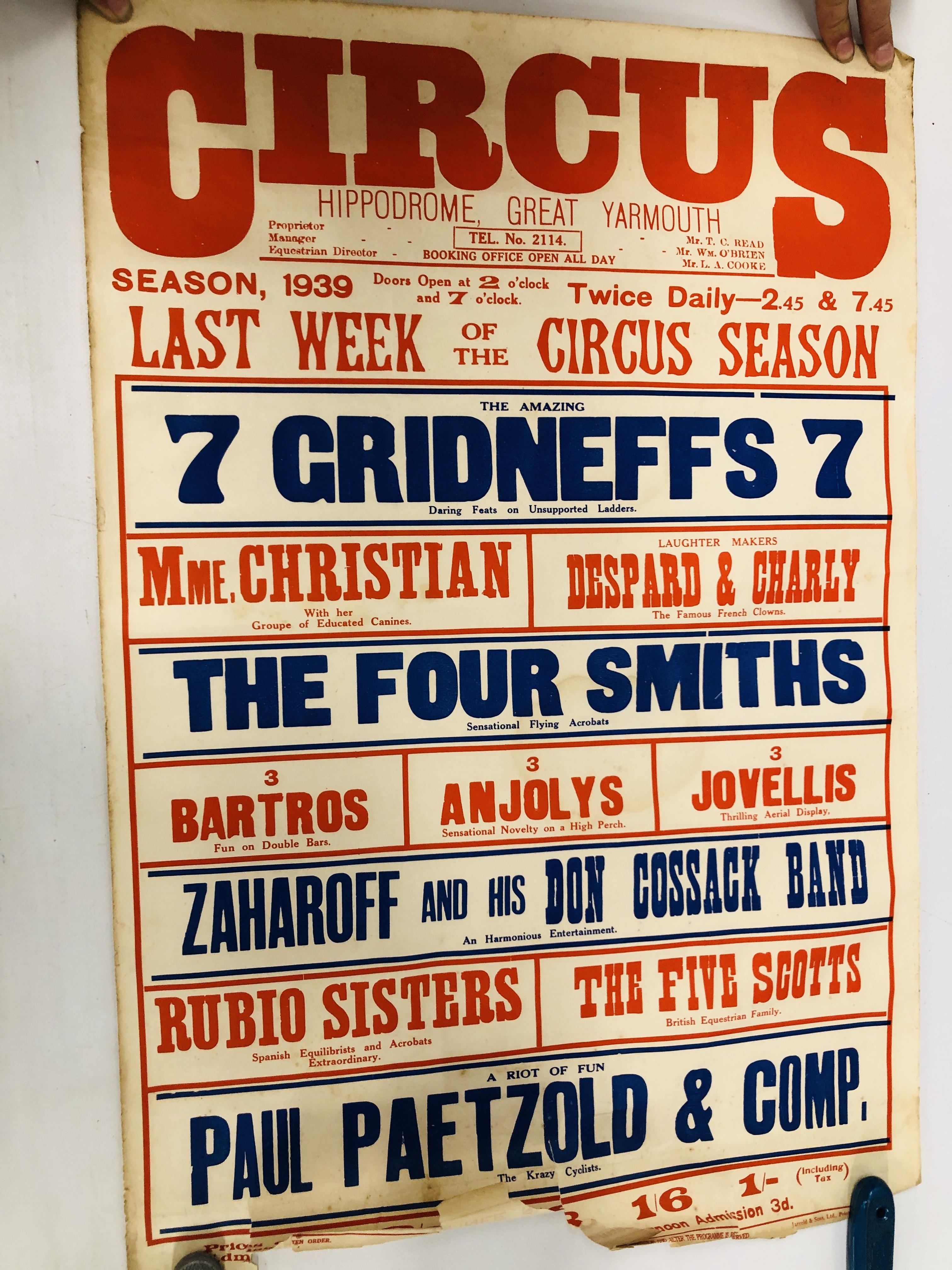 SEVEN VINTAGE HIPPODROME CIRCUS GREAT YARMOUTH 1939 ADVERTISING POSTERS WIDTH 50CM. HEIGHT 75CM. - Image 2 of 5