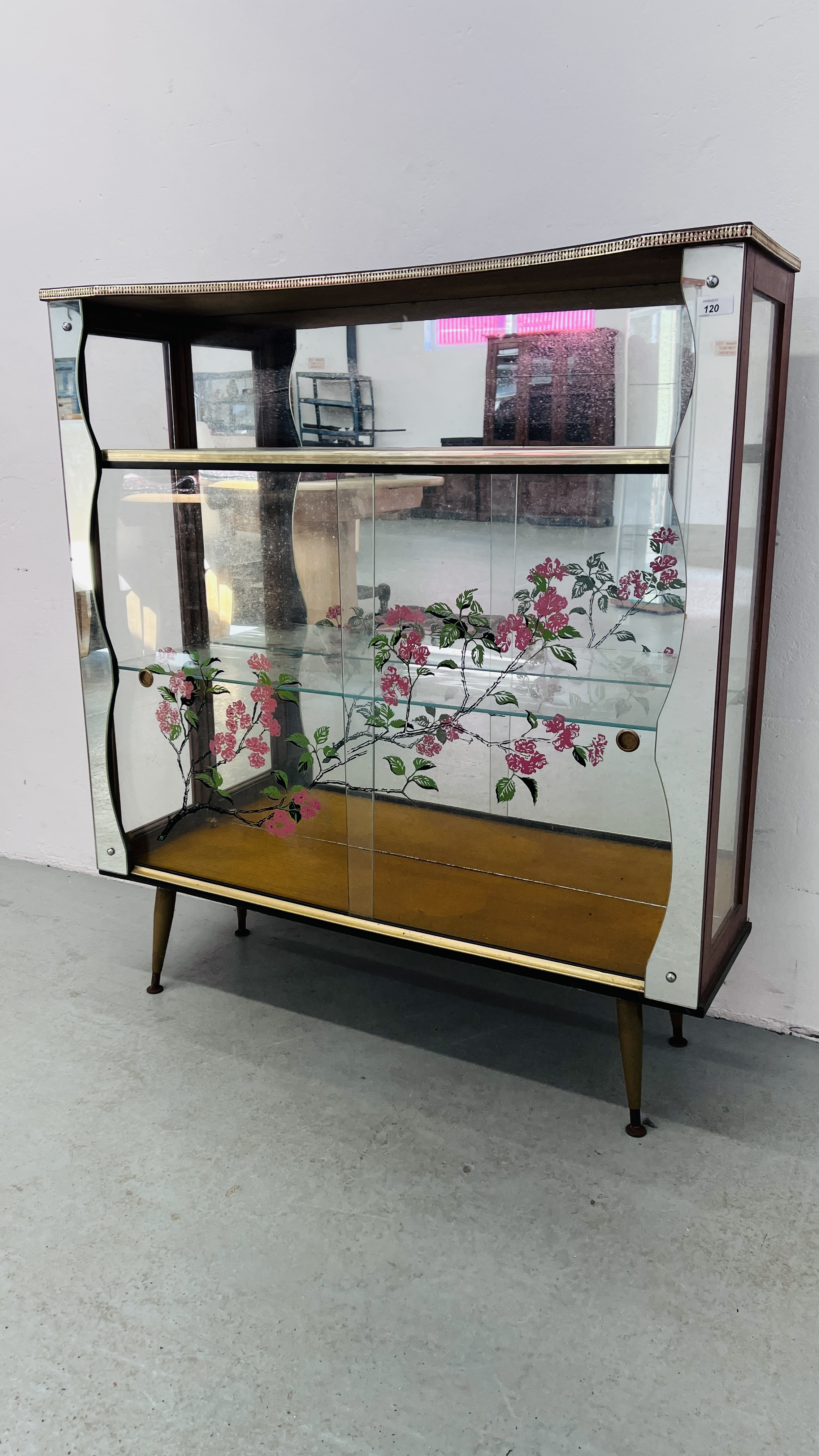 RETRO GLAZED MIRRORED BACK DRINKS CABINET WIDTH 104CM. DEPTH 31CM. HEIGHT 115CM.