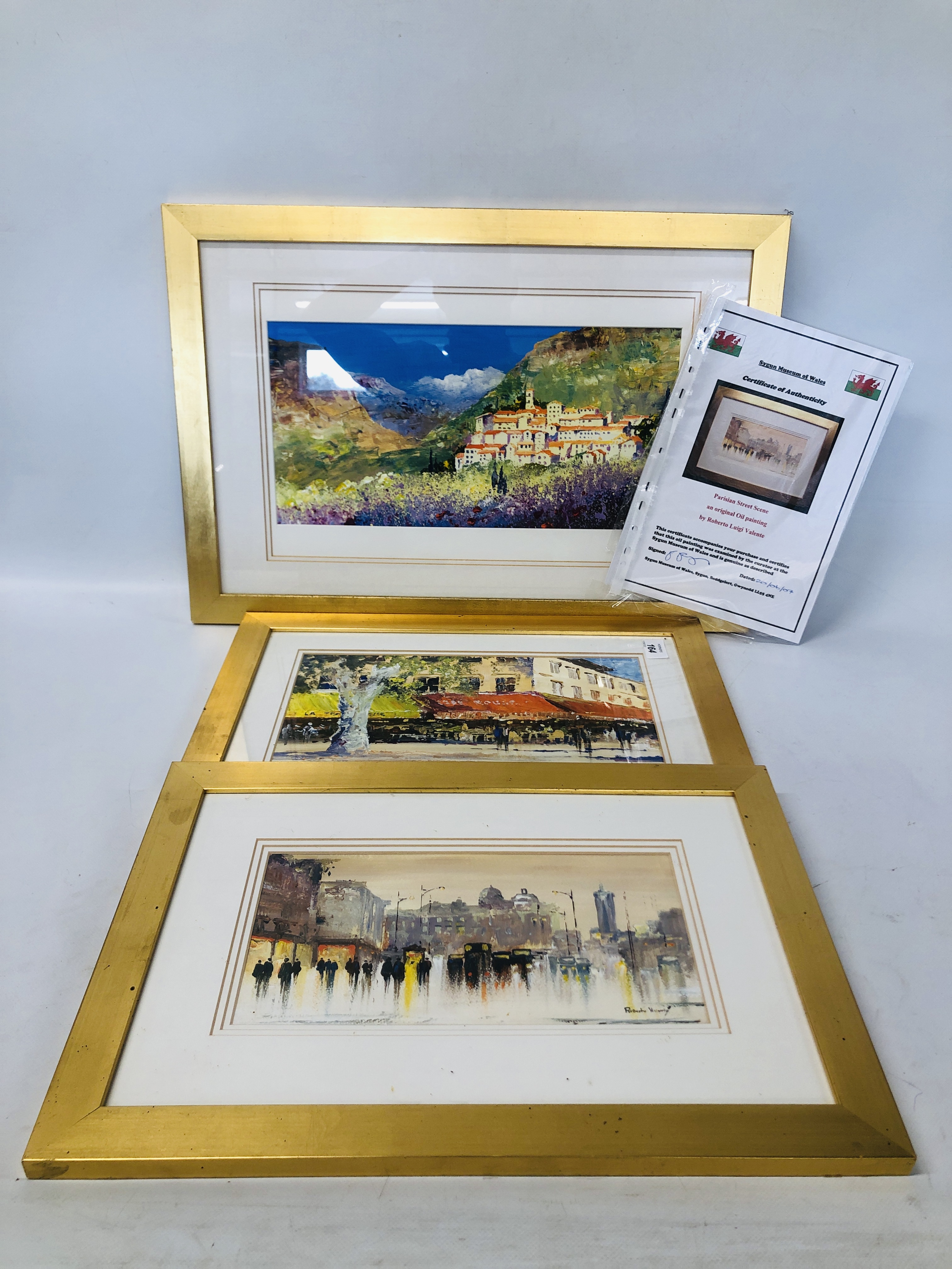 THREE FRAMED ORIGINAL ARTWORKS PARISIAN STREET SCENE, MOUNTAIN VILLAGE SICILY,