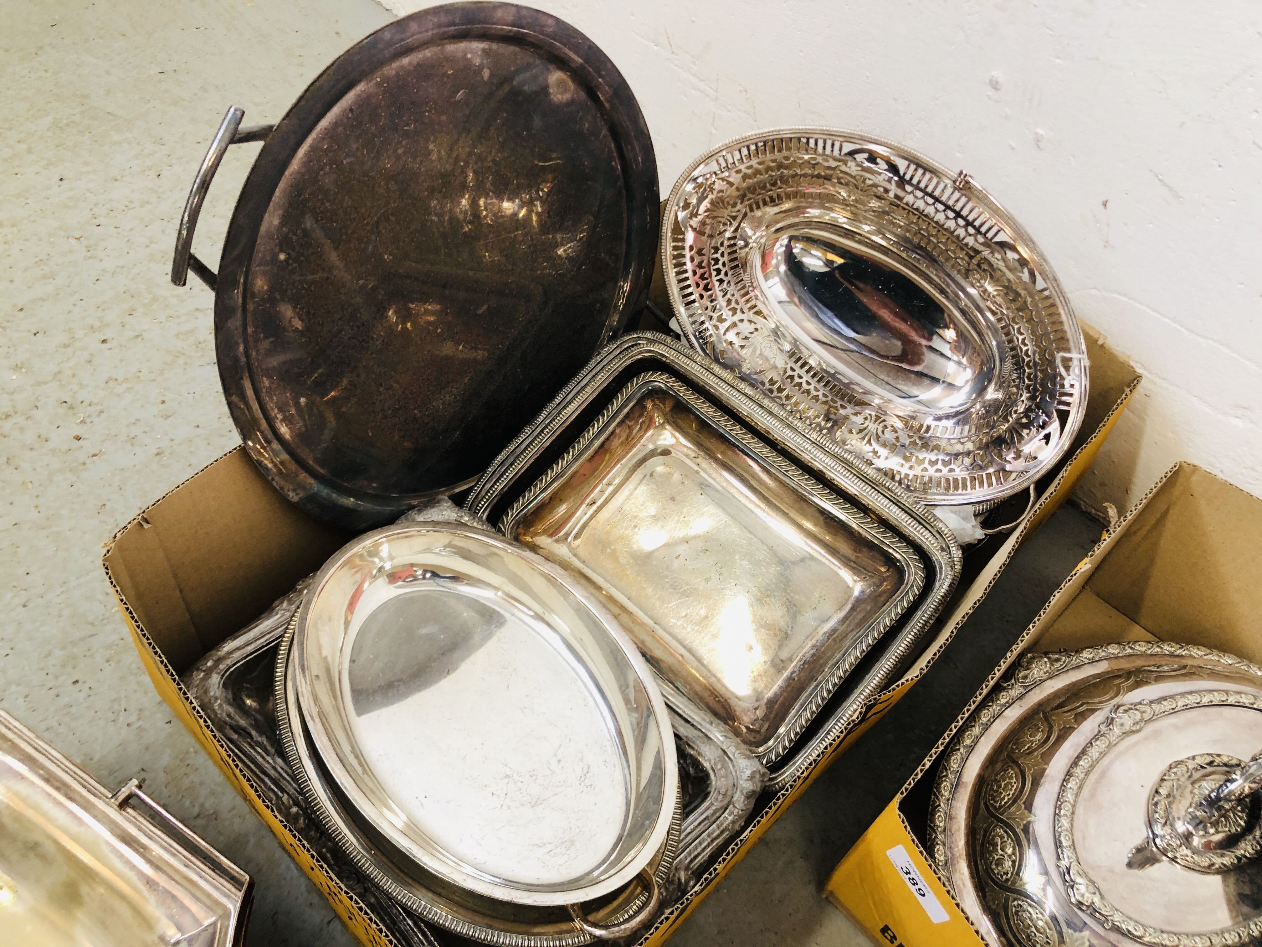 TWO BOXES CONTAINING AN EXTENSIVE COLLECTION OF SILVER PLATED TUREENS AND HANDLES, TWO HANDLED TRAY, - Image 7 of 7