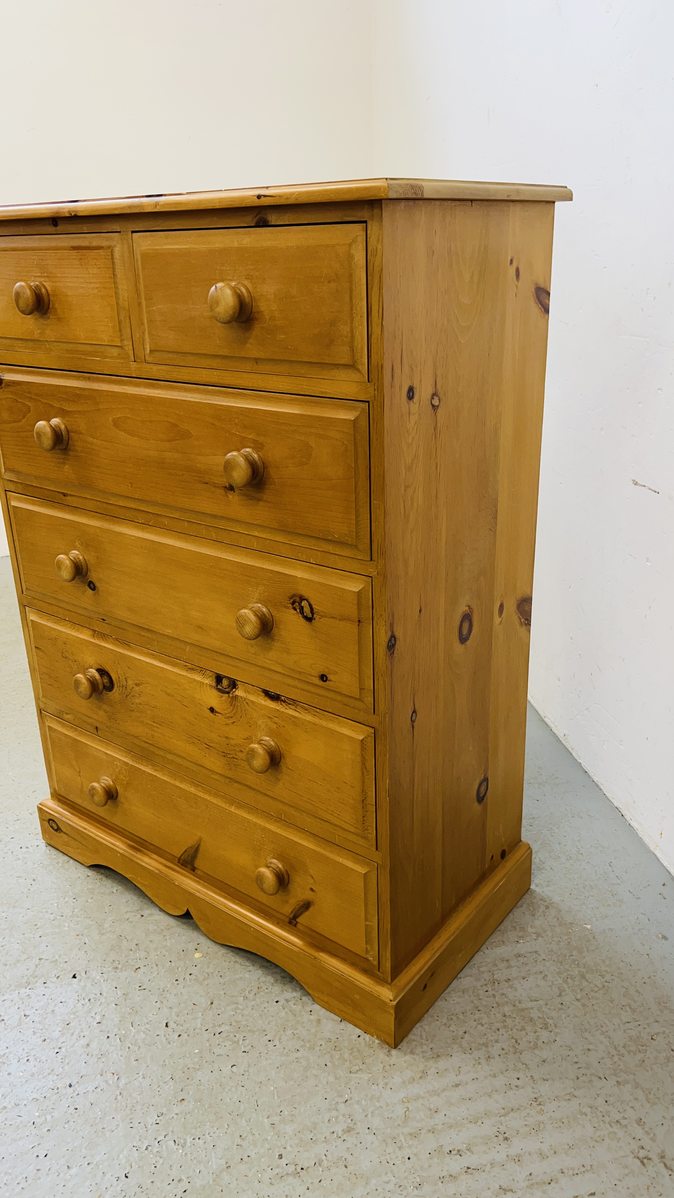 A SOLID PINE TWO OVER THREE CHEST OF DRAWERS W 85CM, D 43CM, H 117CM. - Image 8 of 8