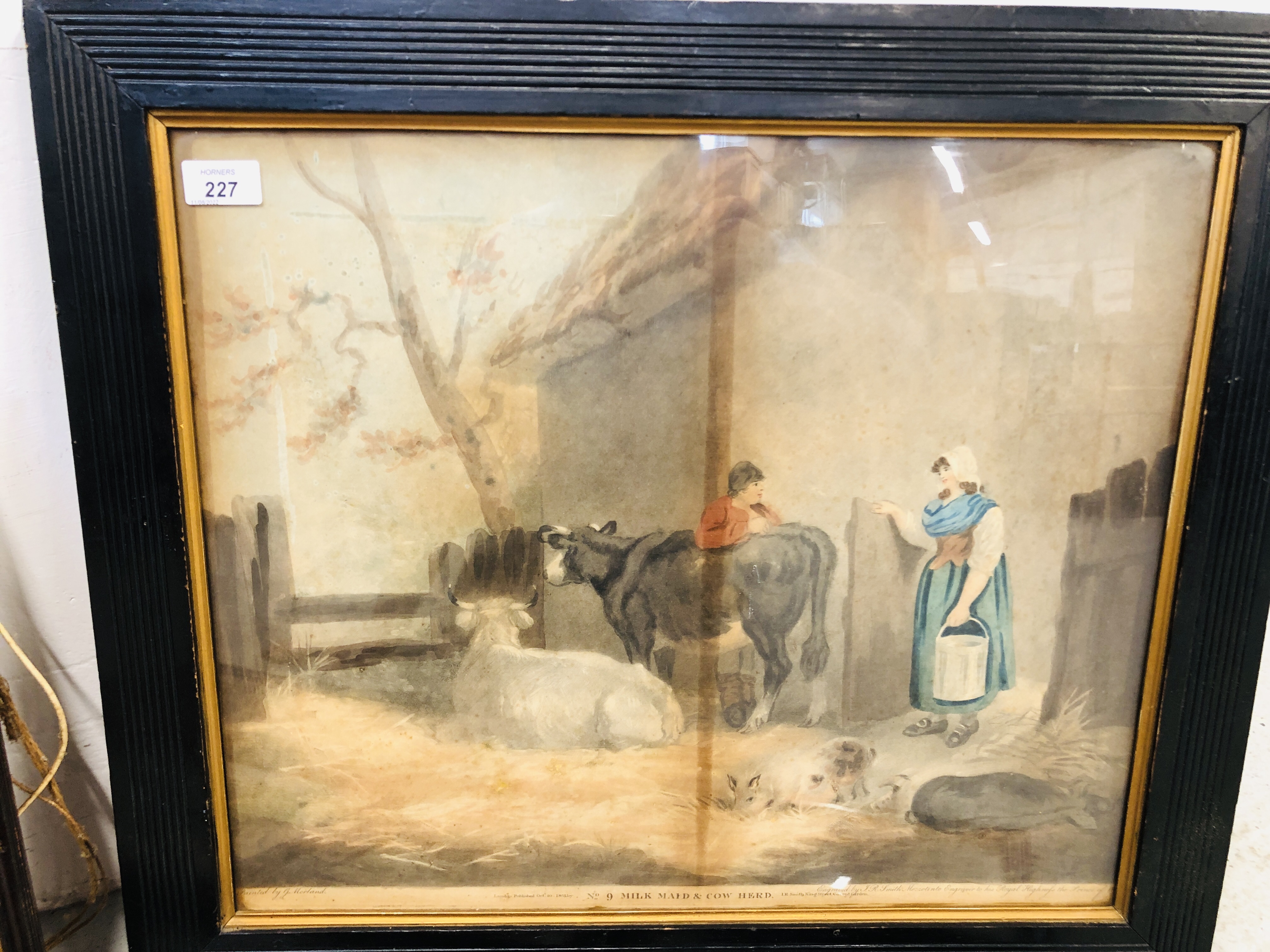 A FRAMED PRINT AFTER GEORGE MORLAND WITH LATER COLOURING "THE MILK MAID & COW HERD" BADLY STAINED. - Image 3 of 8