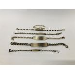 SIX VARIOUS SILVER ID BRACELETS BEARING INSCRIPTIONS.