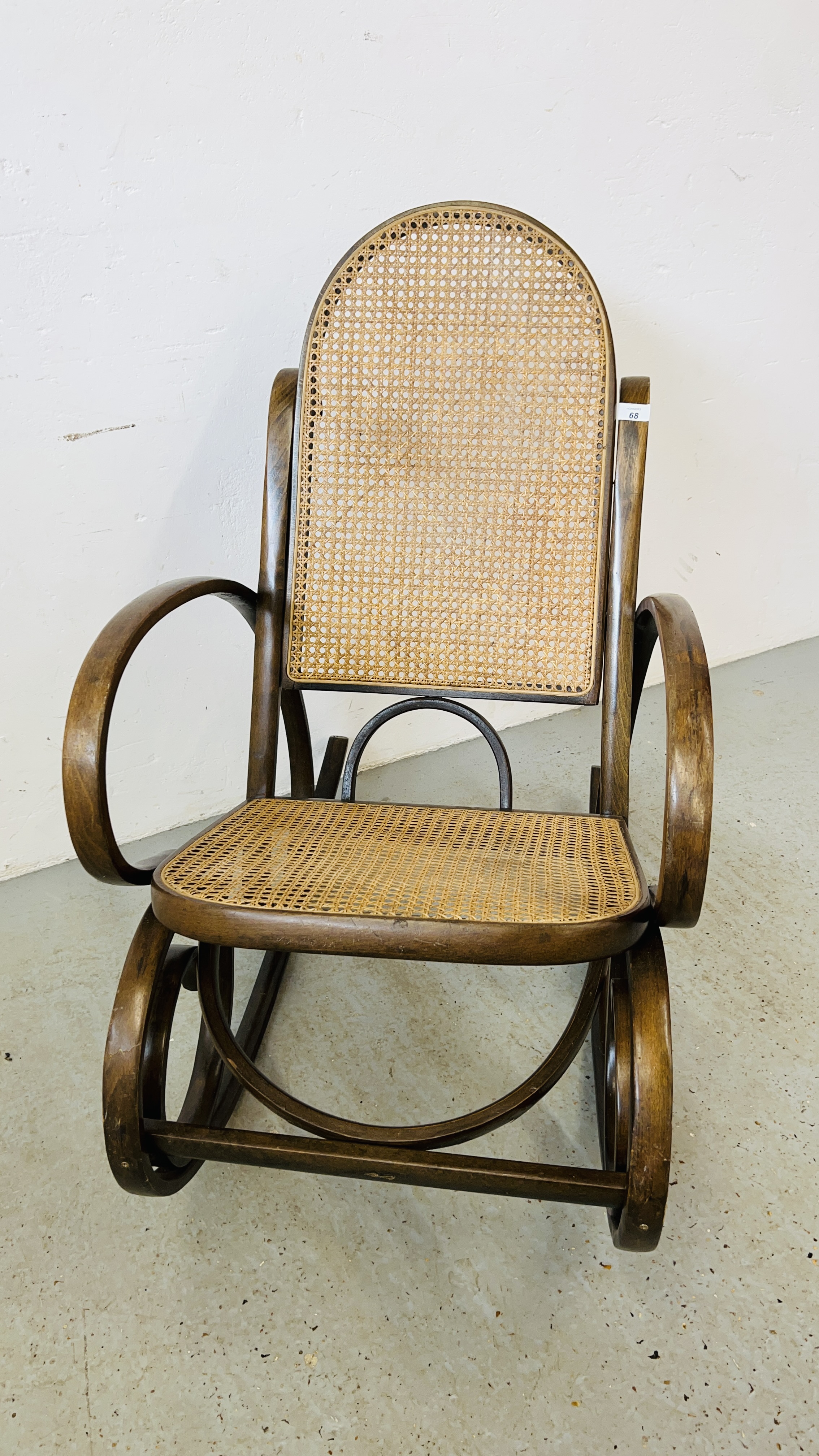 A BENTWOOD ROCKING CHAIR WITH RATTAN SEAT AND BACK - Image 5 of 5