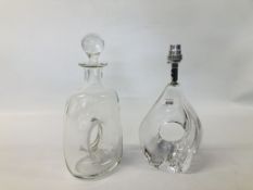 A DESIGNER DAUM ART GLASS LAMP (NO WIRE) AND DESIGNER DOUGHNUT GLASS DECANTER