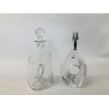 A DESIGNER DAUM ART GLASS LAMP (NO WIRE) AND DESIGNER DOUGHNUT GLASS DECANTER