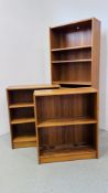 THREE NATHAN TEAK BOOKSHELVES ONE FULL HEIGHT W 76CM, D 30CM, H 182CM TWO X W 76CM, D 30CM,