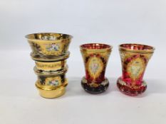 A PAIR OF CRANBERRY GILT AND FLORAL DECORATED VASES H 14CM ALONG WITH ONE FURTHER DECORATIVE GLASS