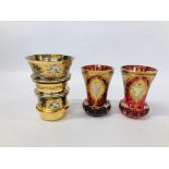 A PAIR OF CRANBERRY GILT AND FLORAL DECORATED VASES H 14CM ALONG WITH ONE FURTHER DECORATIVE GLASS