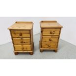 A PAIR OF GOOD QUALITY HONEY PINE THREE DRAWER BEDSIDE CABINETS WIDTH 46CM. DEPTH 40CM. HEIGHT 70CM.