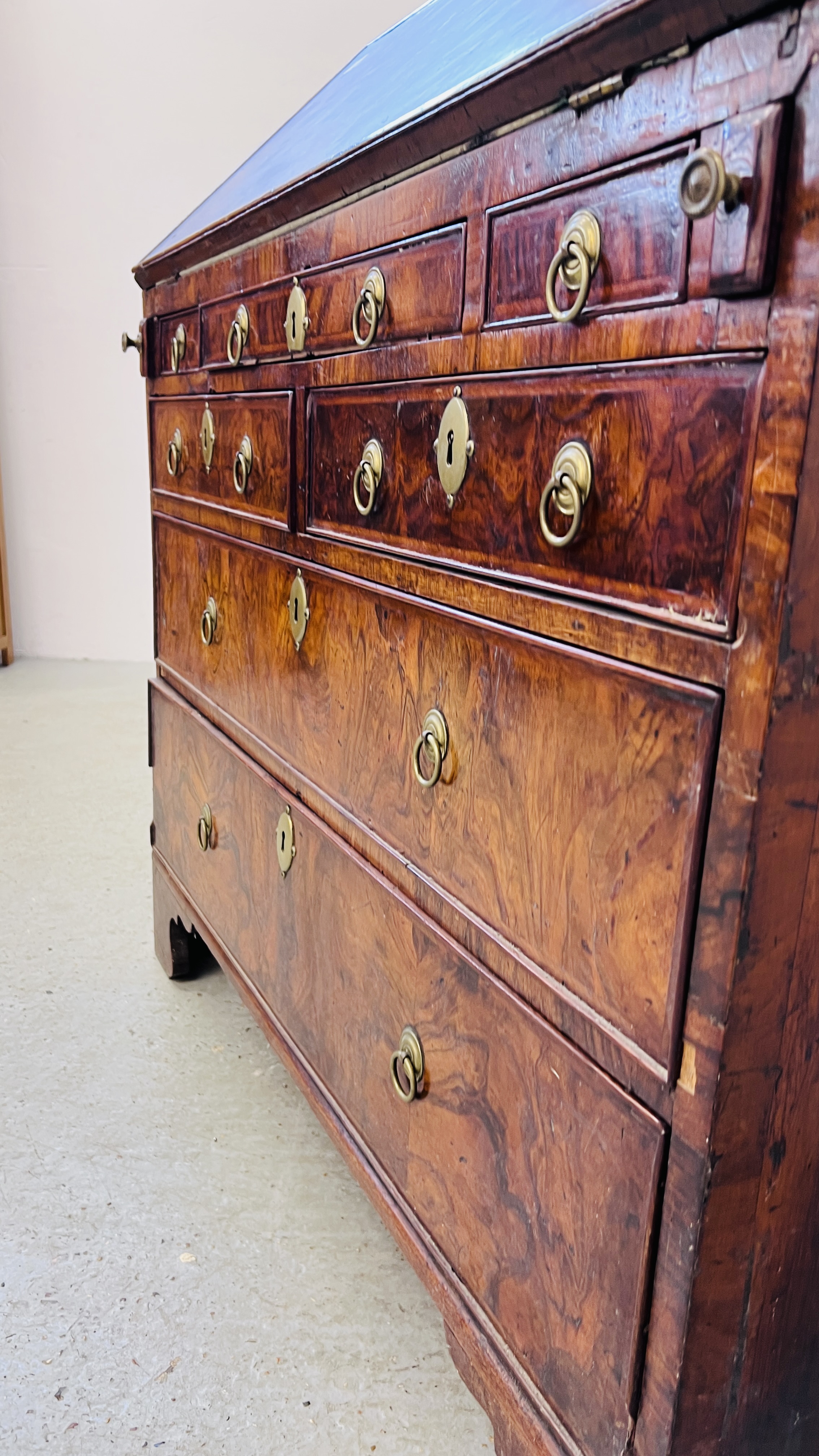 A GEORGE II FIGURED WALNUT BUREAU, THE FALLING FRONT ENCLOSING FITTED INTERIOR, - Image 8 of 17