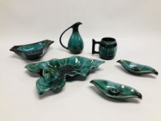 SIX PIECES OF RETRO CANADIAN POTTERY TO INCLUDE ASHTRAY, JUG, CANDLE HOLDERS, MUG ETC.