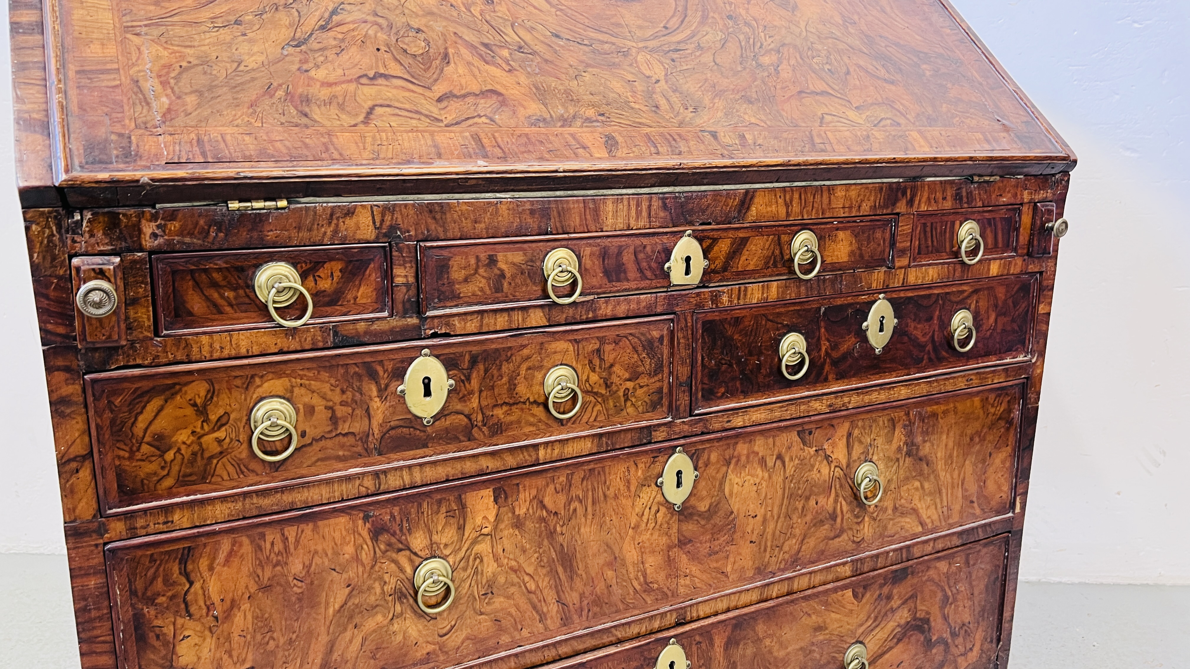 A GEORGE II FIGURED WALNUT BUREAU, THE FALLING FRONT ENCLOSING FITTED INTERIOR, - Image 2 of 17