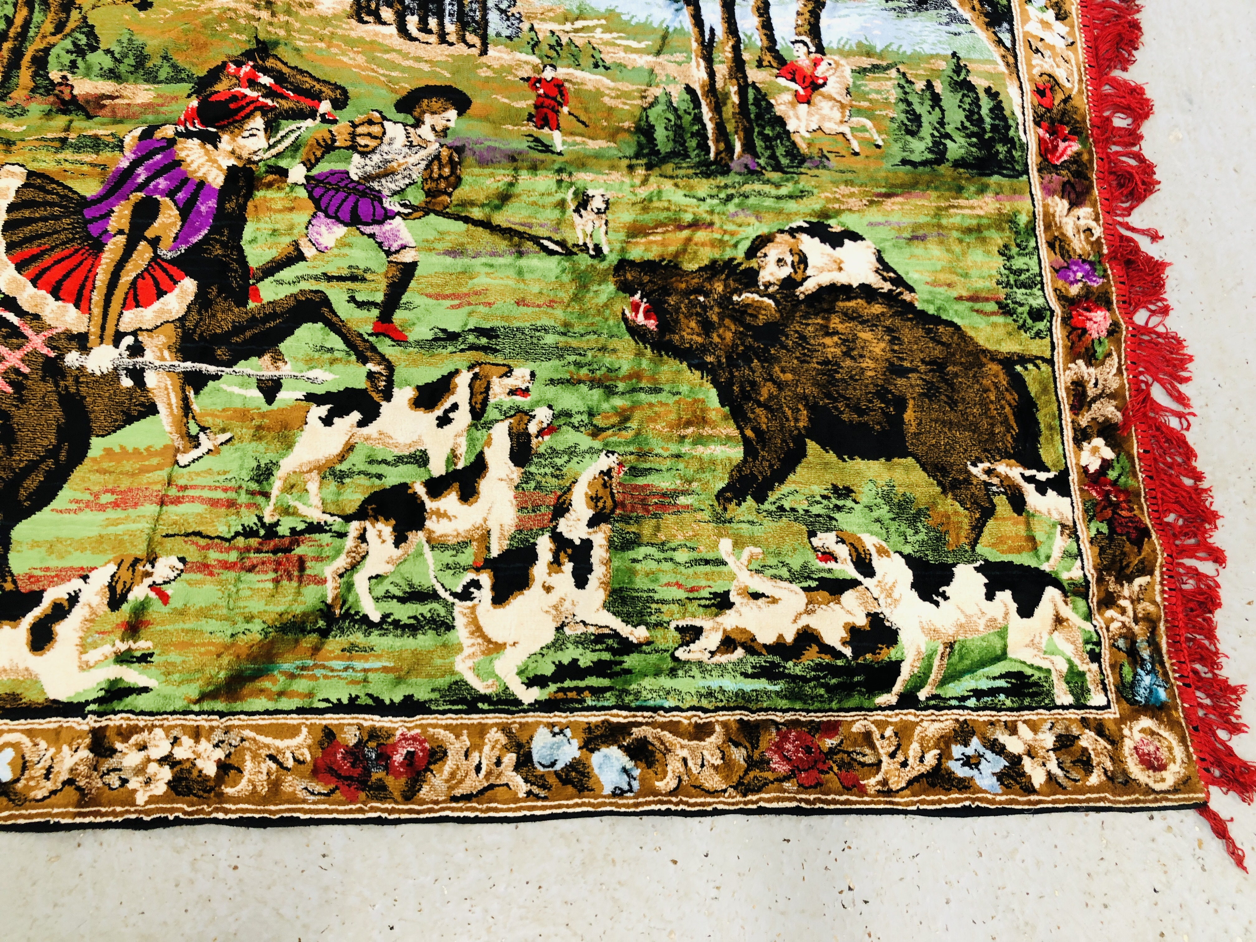 LARGE WALL HANGING DEPICTING A HUNTING SCENE WIDTH 174CM. HEIGHT 117CM. - Image 5 of 6