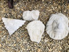 A COLLECTION OF STONEWORK GARDEN FEATURES TO INCLUDE LION HEAD MASK, DECO WALL POCKET,
