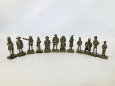 12 VINTAGE BRASS FIGURES TO INCLUDE CHARLES DICKENS AND OLIVER TWIST ETC HEIGHT 14CM (DETACHABLE