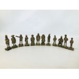 12 VINTAGE BRASS FIGURES TO INCLUDE CHARLES DICKENS AND OLIVER TWIST ETC HEIGHT 14CM (DETACHABLE