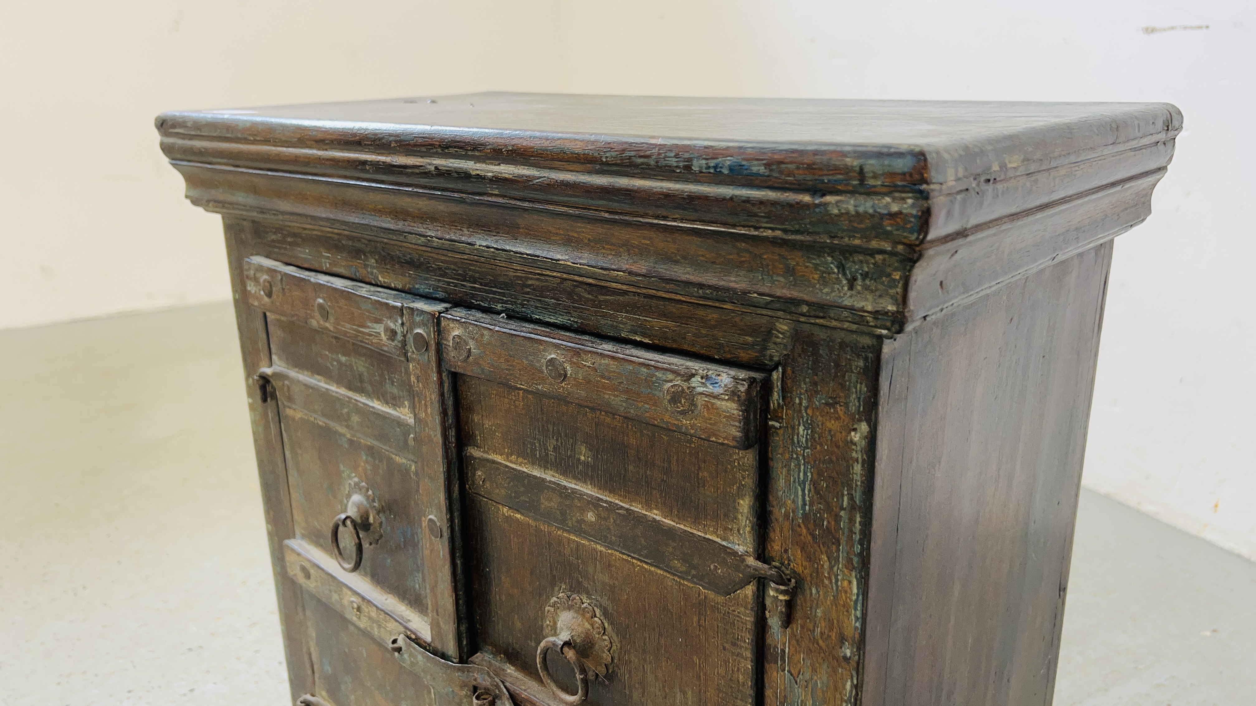 VINTAGE HARDWOOD TWO DOOR EASTERN CABINET WITH METAL CRAFT HANDLES AND HINGES, W 56CM, D 30CM, - Image 4 of 9