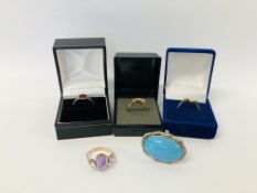 FIVE VARIOUS STONE SET RINGS TO INCLUDE 9CT. GOLD BAND RING SET WITH FIVE CUBIC ZIRCONAS, AN 18CT.