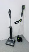 A GTECH AIR RAM CORDLESS VACUUM CLEANER WITH CHARGER ALONG WITH A GTECH CORDLESS STRIMMER (NO