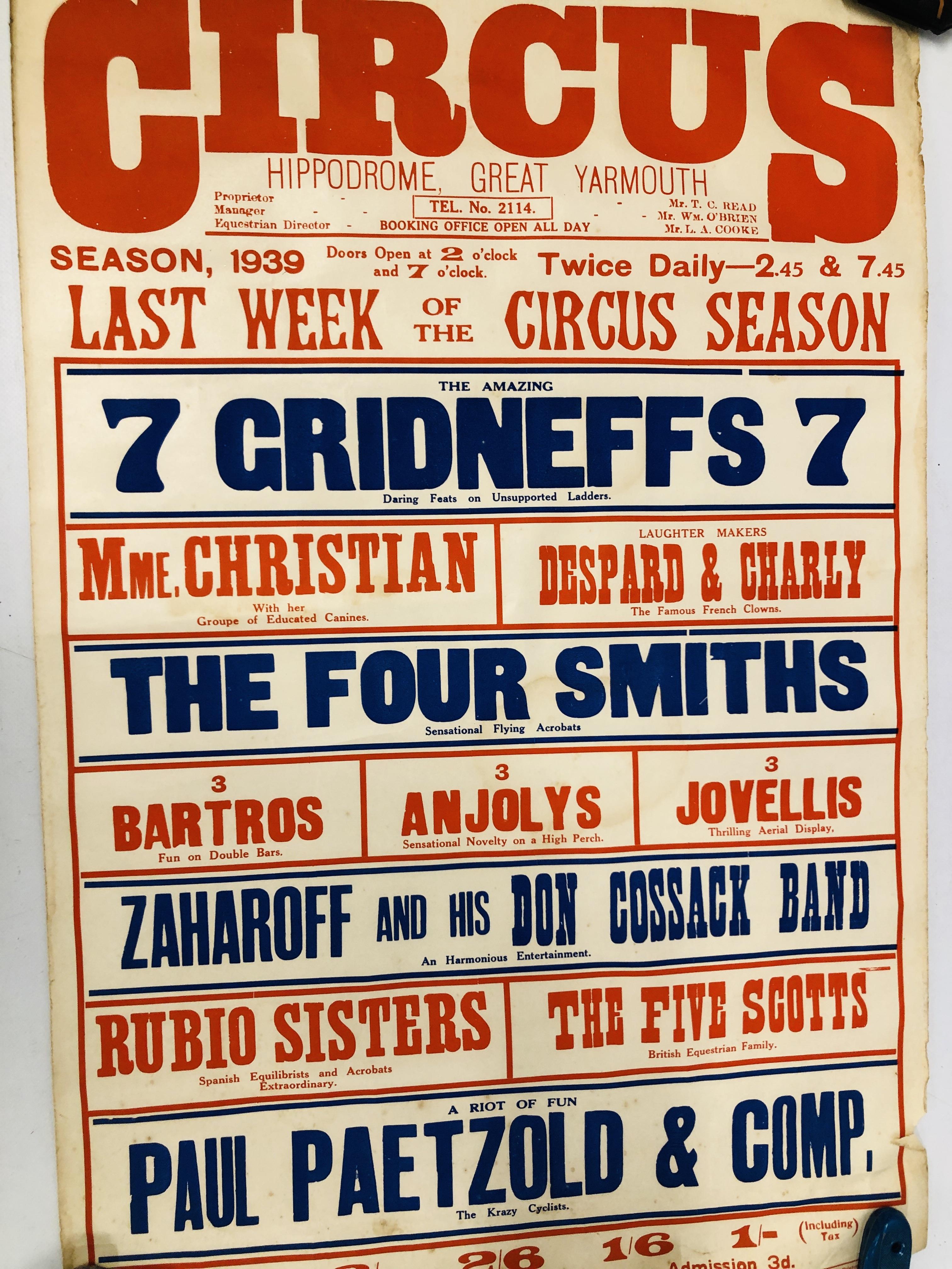 SEVEN VINTAGE HIPPODROME CIRCUS GREAT YARMOUTH 1939 ADVERTISING POSTERS WIDTH 50CM. HEIGHT 75CM.