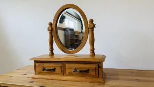 PINE TWO DRAWER DRESSING TABLE MIRROR 62CM X 20CM X 60CM.