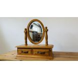 PINE TWO DRAWER DRESSING TABLE MIRROR 62CM X 20CM X 60CM.