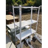 CARPENTRY WORK BENCH FITTED WITH A RECORD VICE AND STORAGE SHELVES PLUS GALVANISED SHELVES