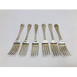 A SET OF SIX SILVER VICTORIAN FORKS, HANOVERIAN PATTERN, LONDON ASSAY.