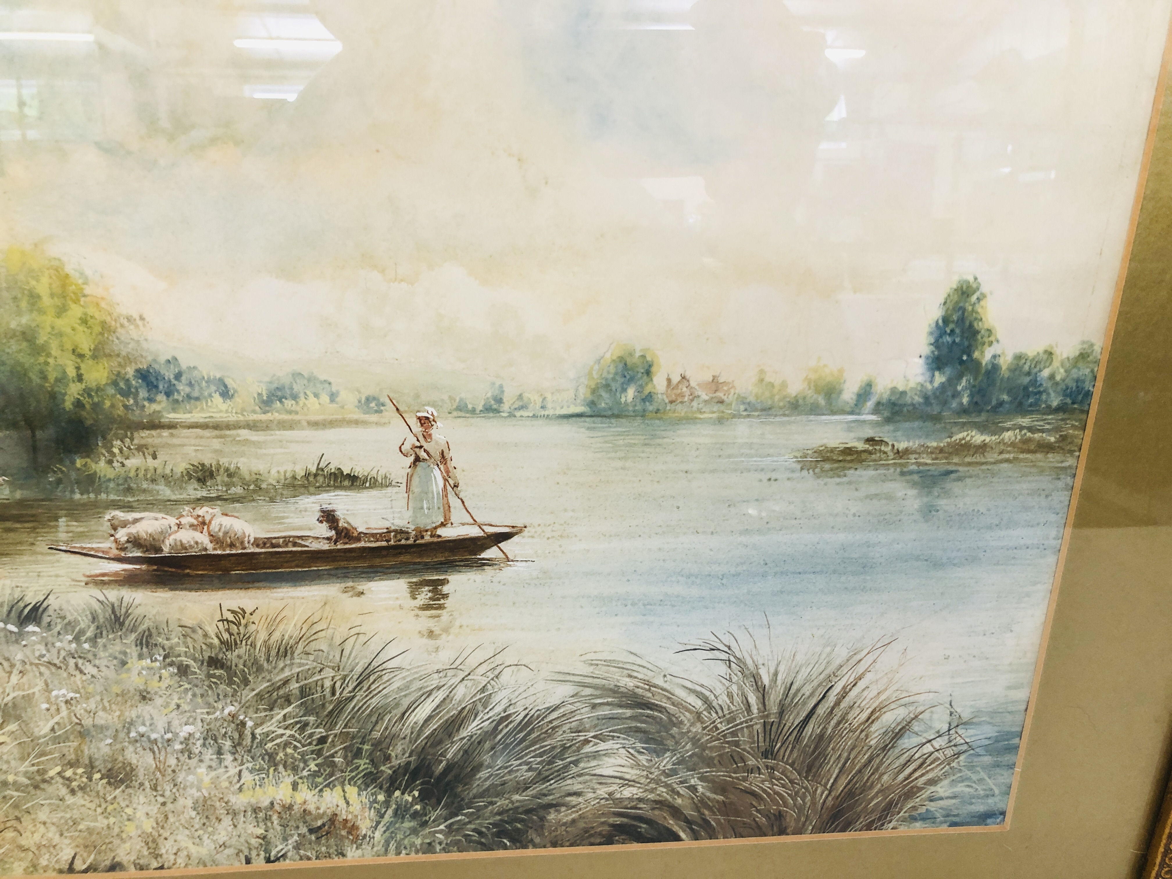 A FRAMED AND MOUNTED WATERCOLOUR OF A SHEPHERDESS MOVING HER SHEEP OVER THE LAKE BEARING SIGNATURE - Image 5 of 10