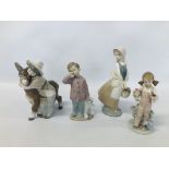 A LLADRO LADY HUGGING DONKEY ALONG WITH LLADRO GIRL WITH FLOWERS AND SMALL BIRD,