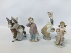 A LLADRO LADY HUGGING DONKEY ALONG WITH LLADRO GIRL WITH FLOWERS AND SMALL BIRD,
