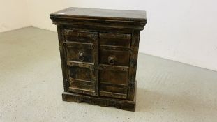 VINTAGE HARDWOOD TWO DOOR EASTERN CABINET WITH METAL CRAFT HANDLES AND HINGES, W 56CM, D 30CM,