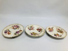 THREE C19th PLATES HAND DECORATED WITH FLOWERS.