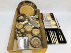 BOX OF MIXED PLATED WARE TO INCLUDE LOOSE CUTLERY, BOXED CUTLERY, CHEESEBOARD,