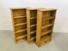 3 X MEXICAN PINE SHELF UNITS WITH DRAWERS TO BASE - EACH W 52.5CM, D 18CM, H 103CM.