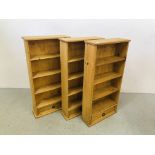 3 X MEXICAN PINE SHELF UNITS WITH DRAWERS TO BASE - EACH W 52.5CM, D 18CM, H 103CM.