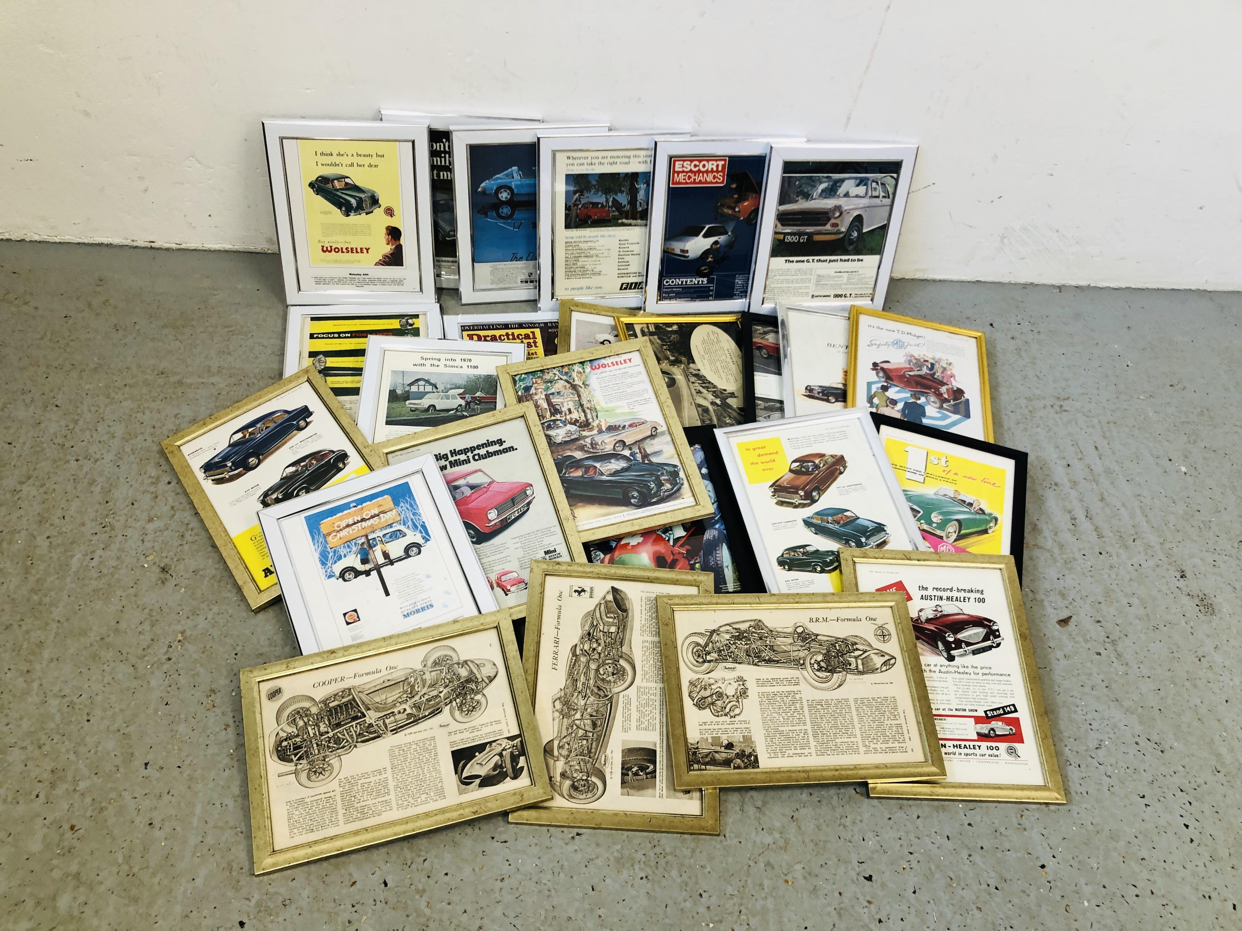26 FRAMED MOTORING MAGAZINE CUTTINGS FROM THE 1950's AND 60's TO INCLUDE ADVERTS FIAT,