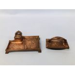 A COPPER NOUVEAU STYLE INK STAND AND BLOTTER, LENGTH OF TRAY 16.5CM.