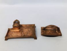 A COPPER NOUVEAU STYLE INK STAND AND BLOTTER, LENGTH OF TRAY 16.5CM.