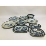 A PAIR OF CHINESE QIANLONG BLUE AND WHITE RECTANGULAR DISHES DECORATED WITH FIGURES AND A PAGODA L