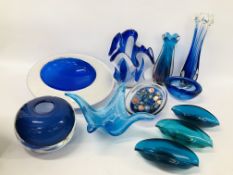 THREE IMPRESSIVE ART GLASS VASES PLUS A COLLECTION OF ART GLASS TO INCLUDE A MOON DISH,