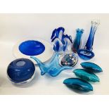 THREE IMPRESSIVE ART GLASS VASES PLUS A COLLECTION OF ART GLASS TO INCLUDE A MOON DISH,