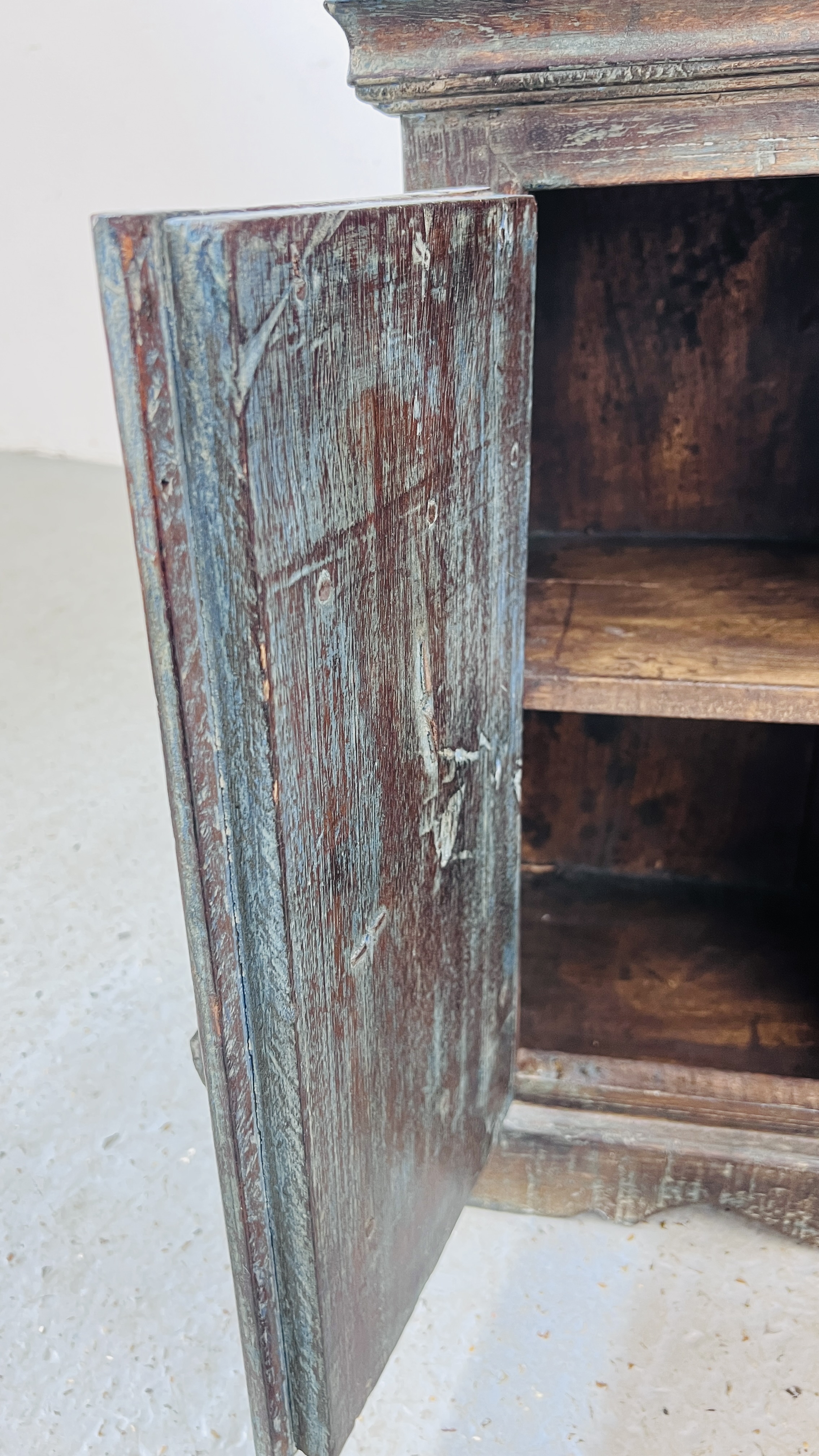 VINTAGE HARDWOOD TWO DOOR EASTERN CABINET WITH METAL CRAFT HANDLES AND HINGES, W 56CM, D 30CM, - Image 9 of 9