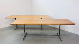 TWO STAINLESS STEEL FRAMED CONFERENCE TABLES WITH OAK FINISH TOPS WIDTH 69CM. LENGTH 229CM.