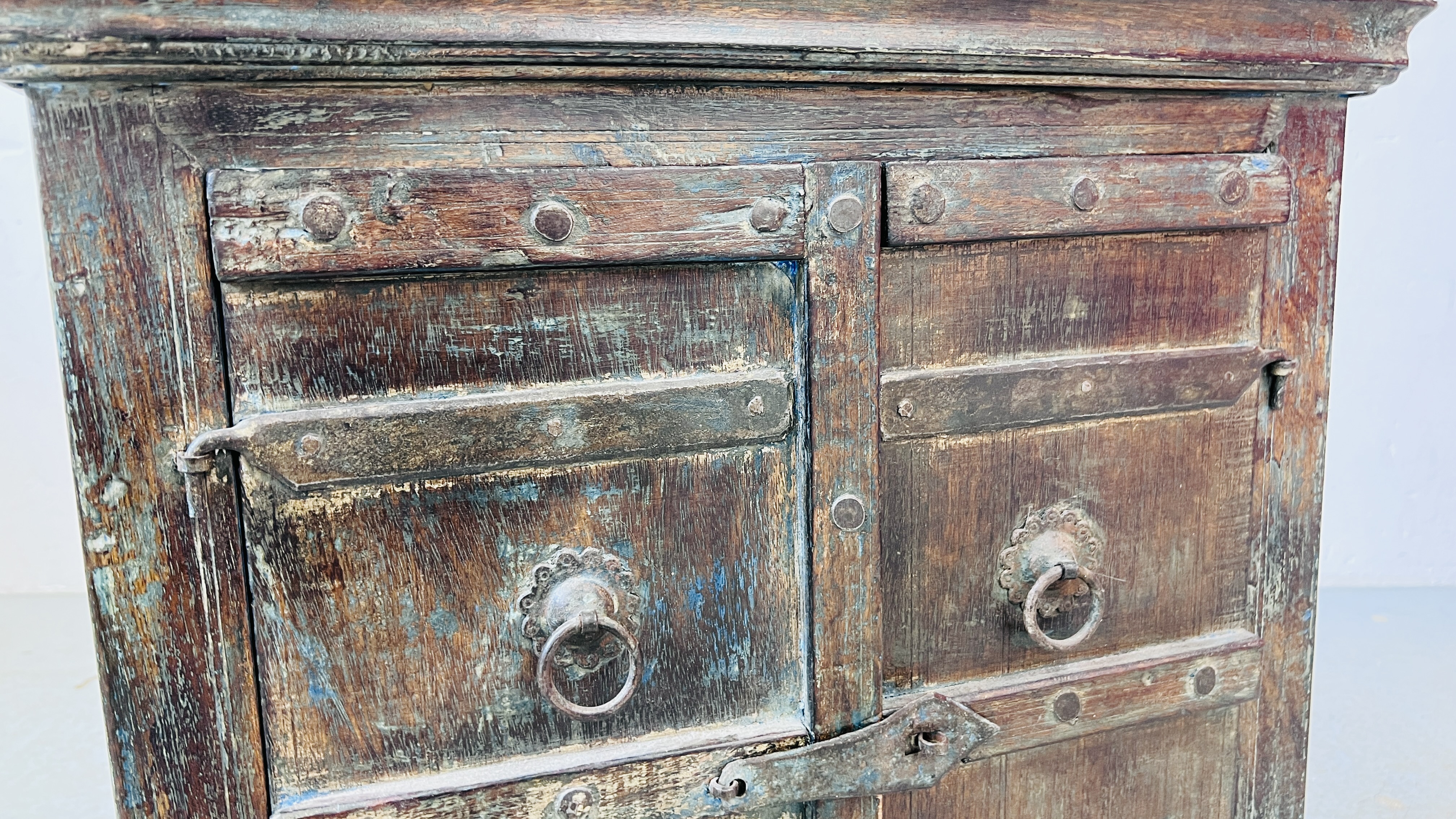 VINTAGE HARDWOOD TWO DOOR EASTERN CABINET WITH METAL CRAFT HANDLES AND HINGES, W 56CM, D 30CM, - Image 6 of 9