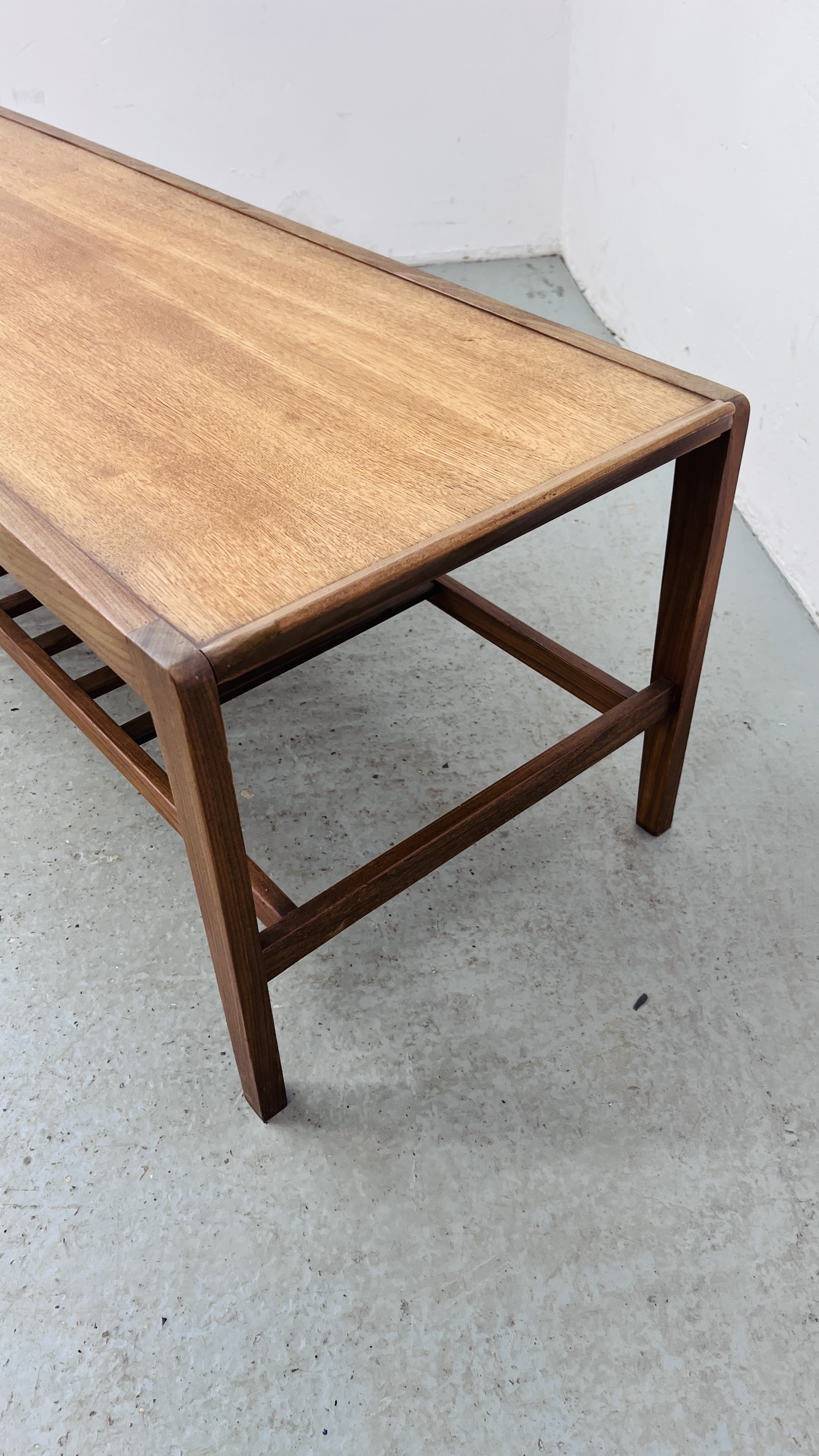 A MID CENTURY REMPLOY TEAK RECTANGULAR COFFEE TABLE WITH SLATTED SHELF BELOW W 44CM, L 125CM, - Image 6 of 7